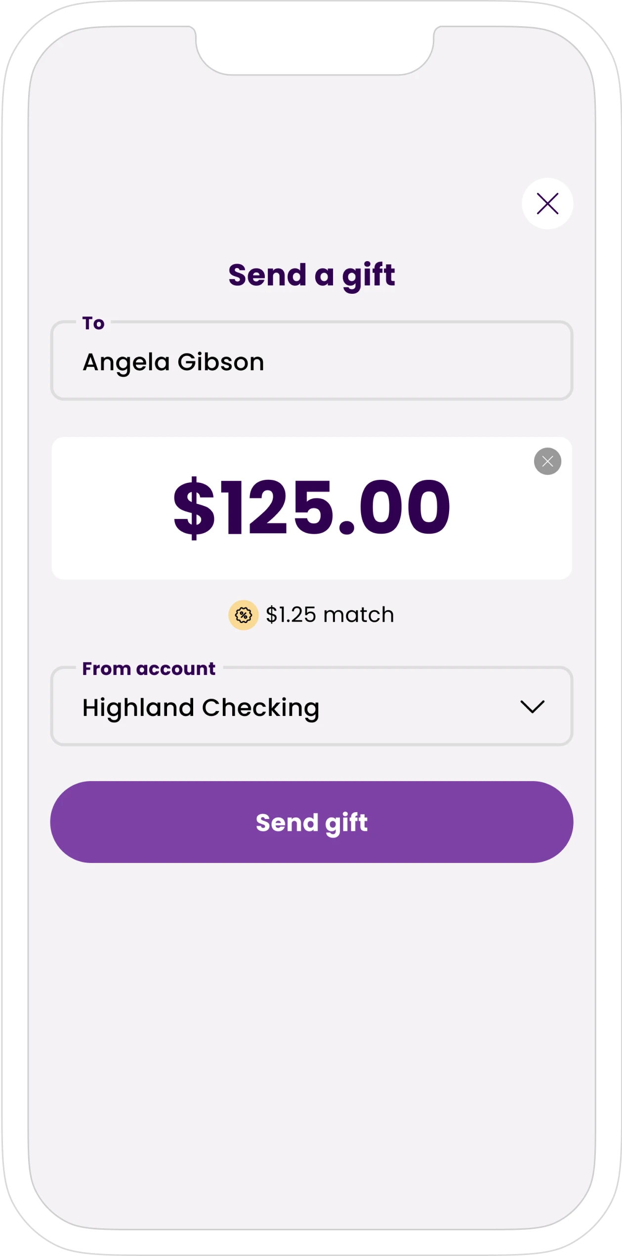 Mobile phone with Voura 'Send gift' screen, showing a recipent field, amount of $125 to send, $1.25 VouraMatch amount, and selected bank account to send from.