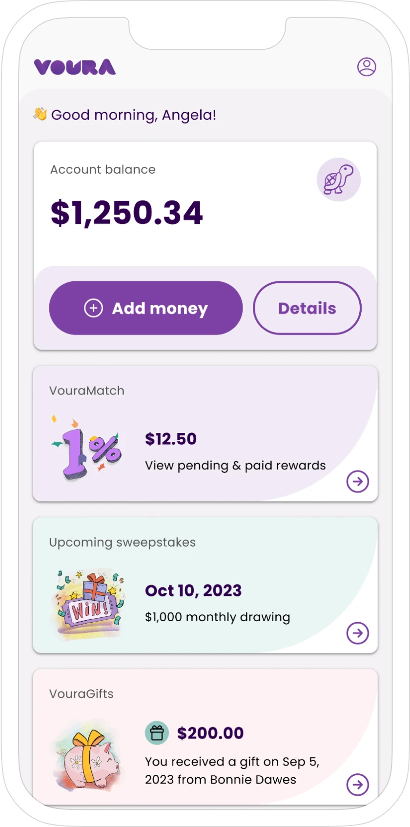 Mobile phone with Voura app dashboard screen, showing account balance of $1,250.34, VouraMatch balance of $12.50, options to Add Money and View Details, announcment of upcoming sweepstakes for $1,000 monthly drawing, and a received gift of $200.