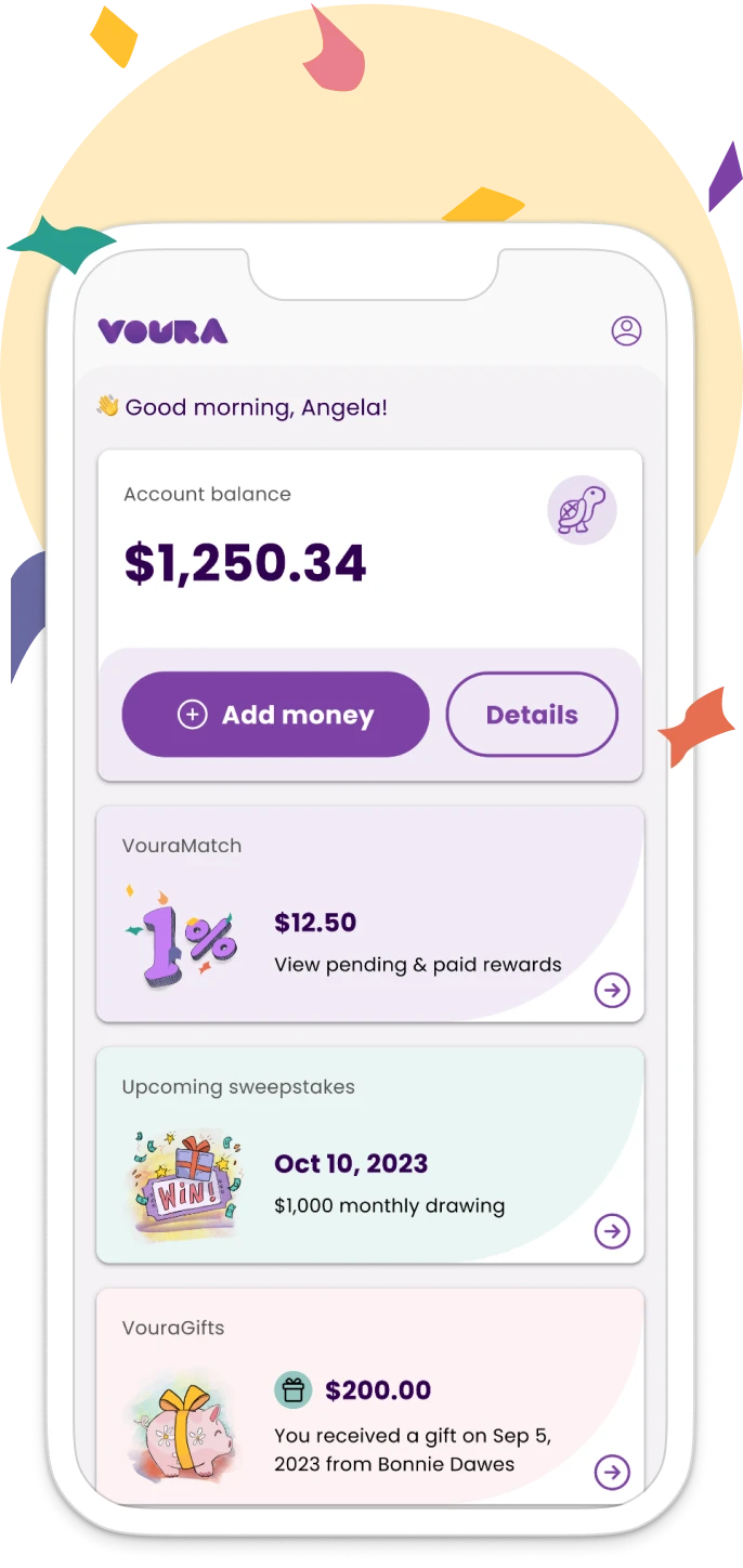 Mobile phone with Voura app dashboard screen, showing account balance of $1,250.34, VouraMatch balance of $12.50, options to Add Money and View Details, announcment of upcoming sweepstakes for $1,000 monthly drawing, and top of pie chart for Your investment portfolio.
