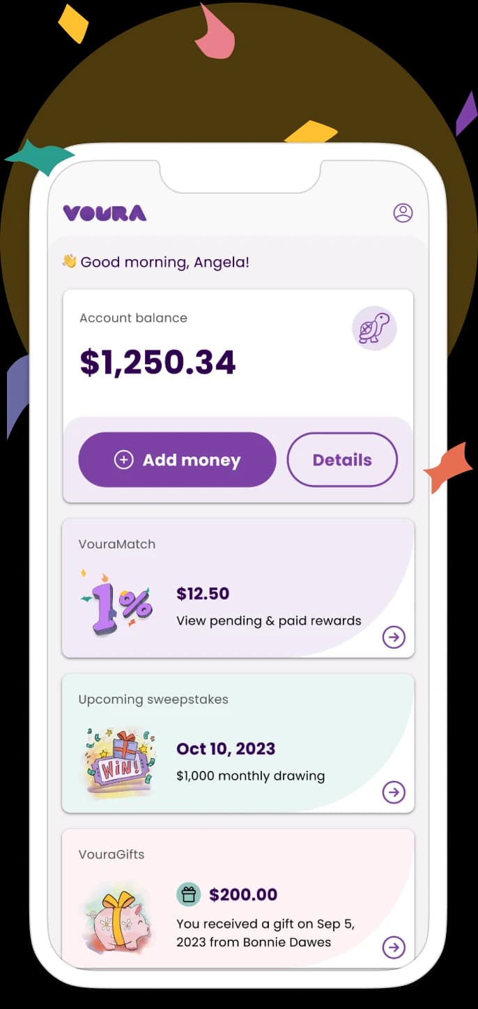 Mobile phone with Voura app dashboard screen, showing account balance of $1,250.34, VouraMatch balance of $12.50, options to Add Money and View Details, announcment of upcoming sweepstakes for $1,000 monthly drawing, and top of pie chart for Your investment portfolio.