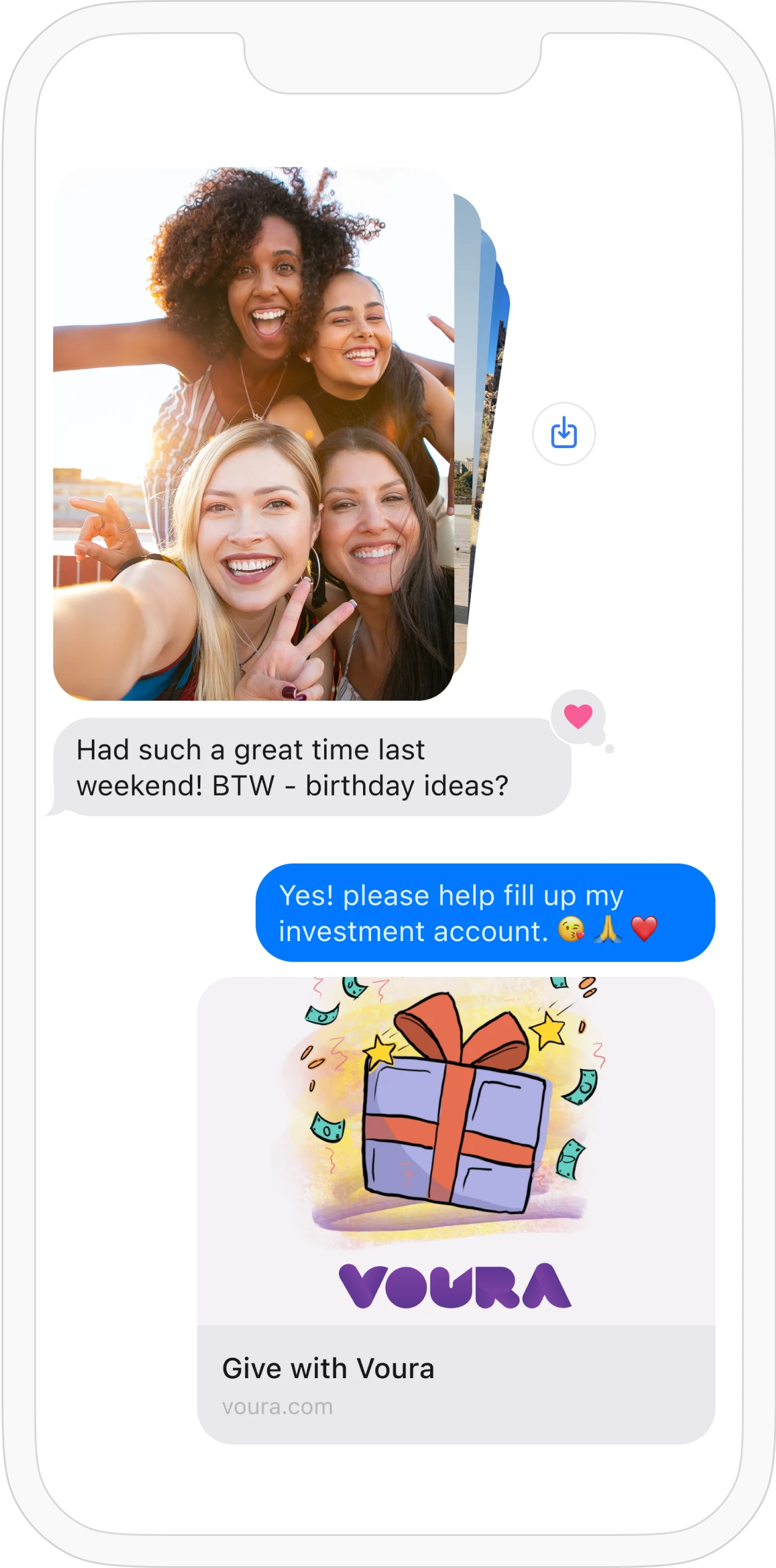 Mobile phone showing text message chat; first user sent photos and said 'Had such a great time last weekend! BTW - birthday ideas?' and user responded 'Yes! please help fill up my investment account.' followed by a link to Give with Voura.