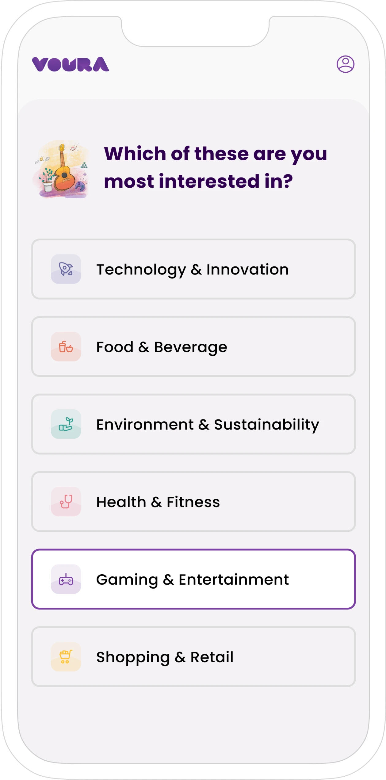 Mobile phone with Voura app onboarding screen showing question: 'Which of these are you most interested in?', followed by options 'Technology & Innovation', 'Food & Beverage', 'Environment & Sustainability', 'Health & Fitness', 'Gaming & Entertainment' and 'Shopping & Retail'.